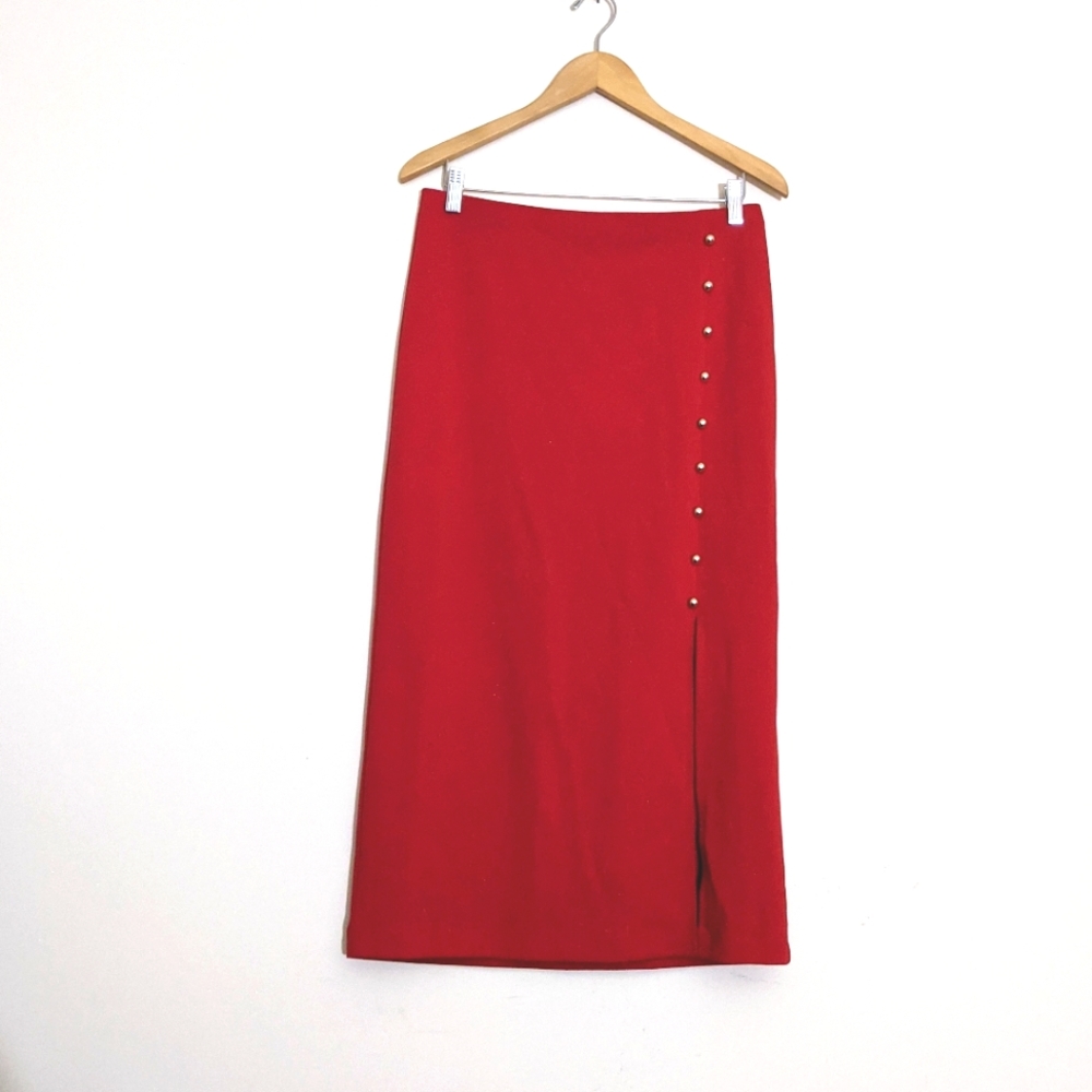 NYCC Red Stretchy Mid-Length Gold Button Skirt Size Medium